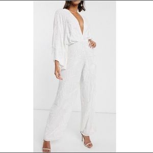 ASOS EDITION beaded kimono sleeve wide leg wedding jumpsuit - Size 10